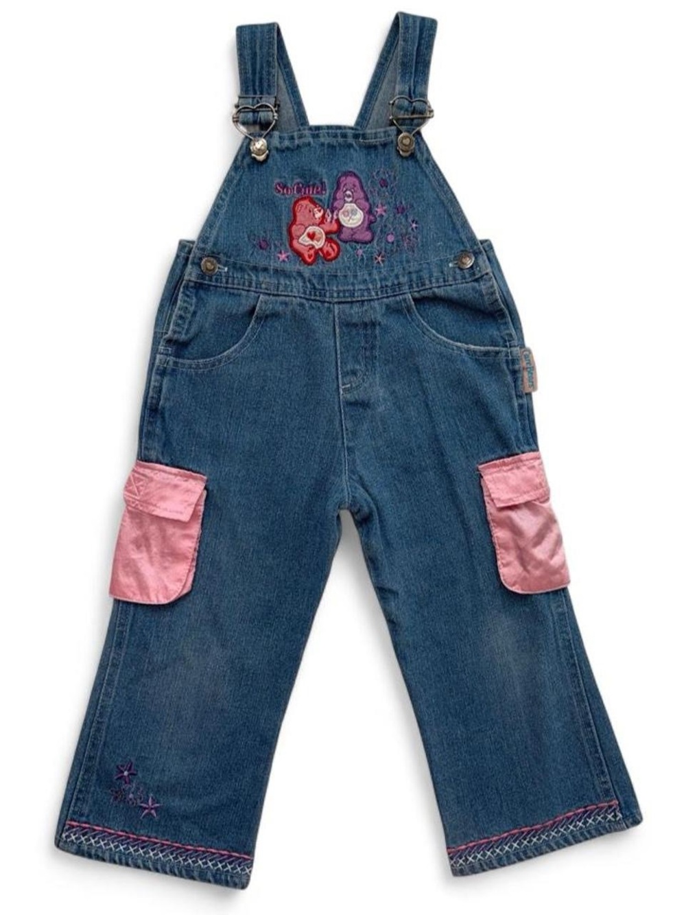 2004 Vintage Care Bears Denim Overalls with Pink Pocket Accents - Kids 3T